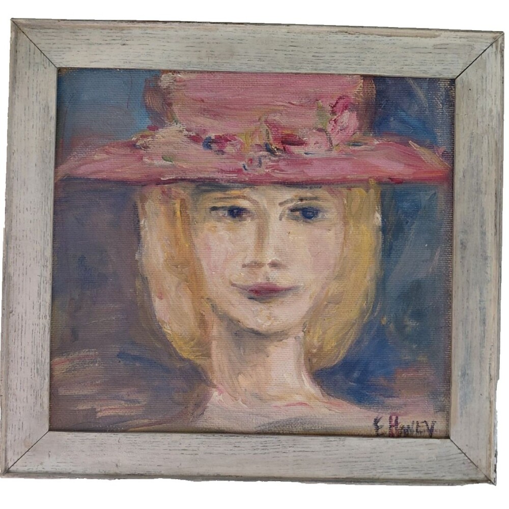 Original Folk Art Painting 1958 Woman in Hat by Evelyn A Haney Impressionistic